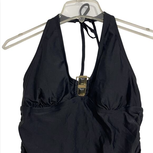 Merona Halter Tankini Swim Top Padded Size M Black Ruched Retro Pinup Boho NWOT - Picture 2 of 11